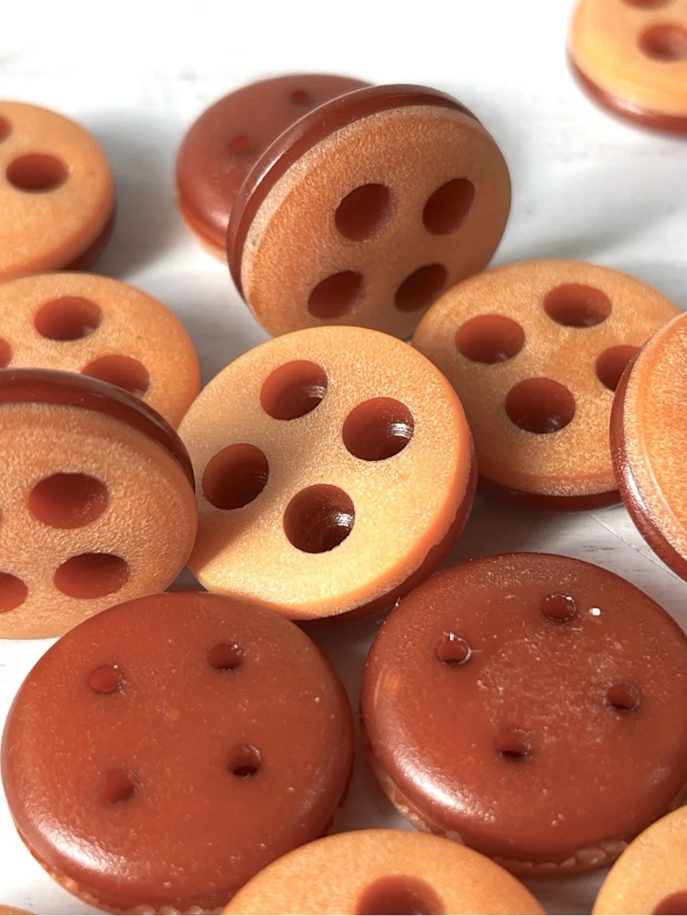 17 Unusual Vintage Sanded Round Plastic 4 hole Buttons w Groove Pumpkin Orange
